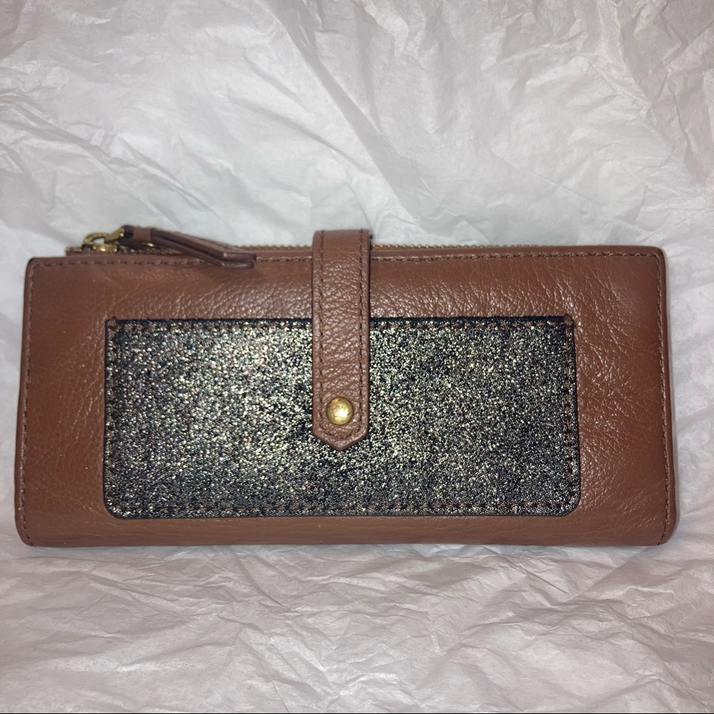 Fossil Leather Wallet Sparkly Detail Billfold Brown Black Gold 7.75x3.75”